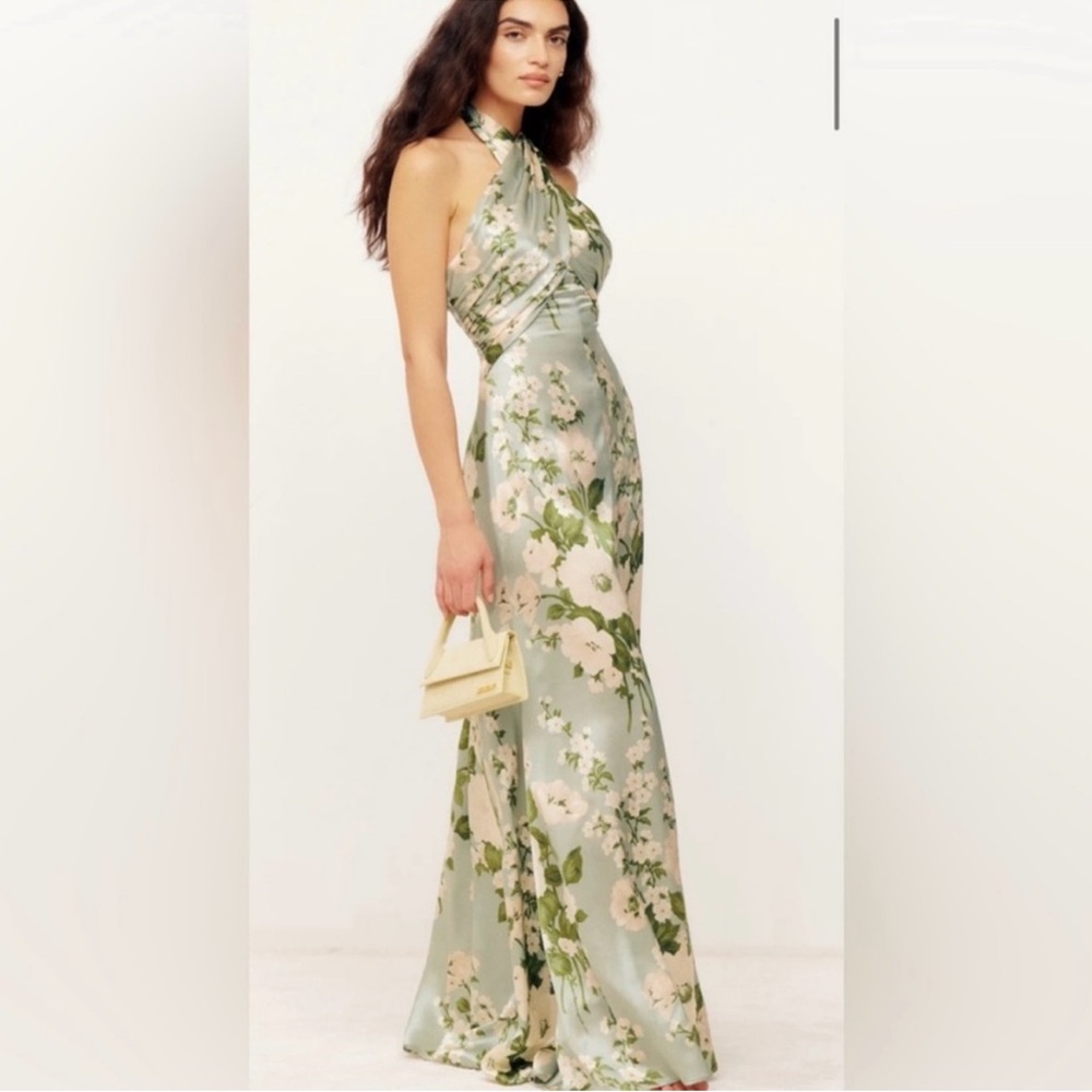 Reformation Veria Silk Dress - Green Floral Halter Maxi Dress